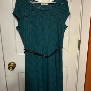 Aryeh Teal Lace Midi Dress with Navy Accent
